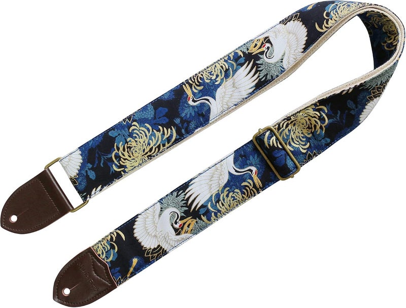 MUSIC FIRST Vintage Ukiyoe Style Chrysanthemum & Crane Electric Guitar Strap - Image 4