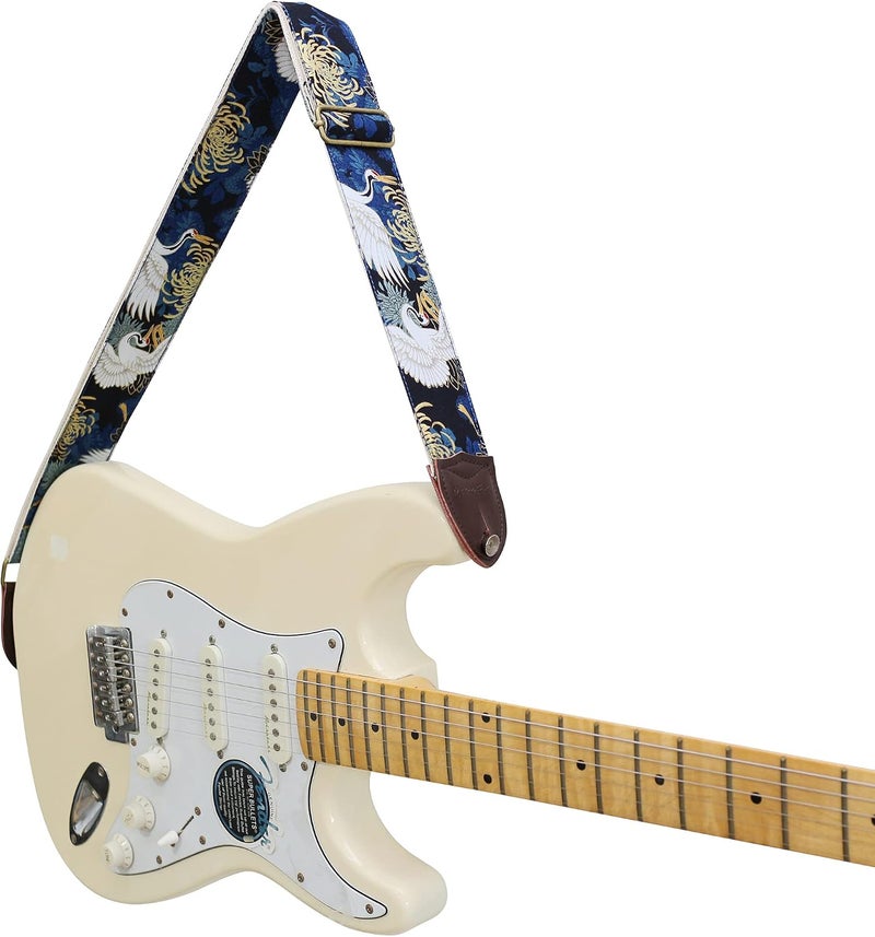 MUSIC FIRST Vintage Ukiyoe Style Chrysanthemum & Crane Electric Guitar Strap - Image 3