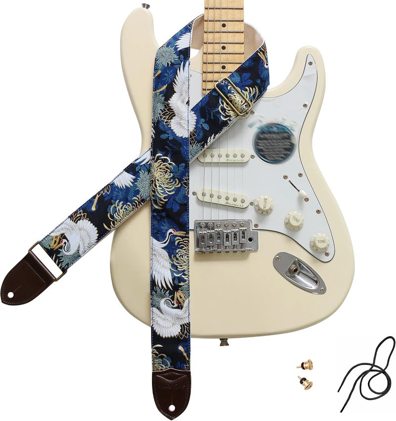 MUSIC FIRST Vintage Ukiyoe Style Chrysanthemum & Crane Electric Guitar Strap - Image 1
