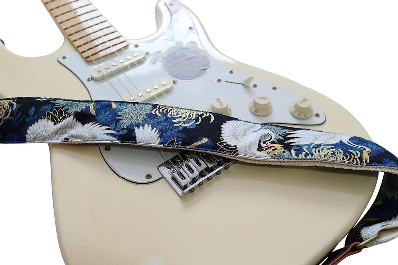 MUSIC FIRST Vintage Ukiyoe Style Chrysanthemum & Crane Electric Guitar Strap - Image 2