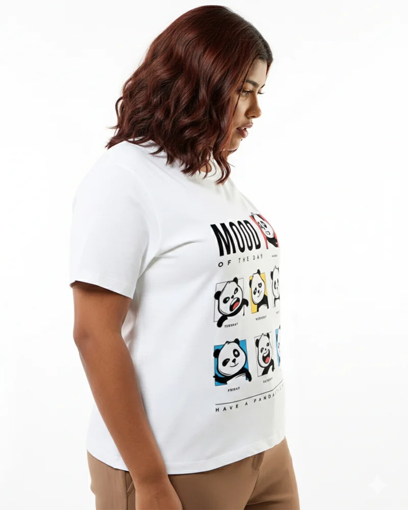 بيواكوف Women's White MOTD Panda Graphic Printed Plus Size T-shirt
