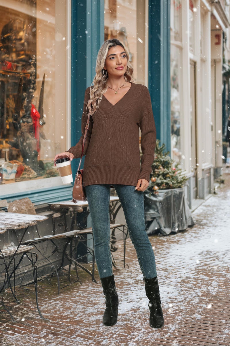 Jouica Womens Sweater V Neck Long Sleeve Cotton Sweaters for Women Fashion Pullover Tops 2026 Fall Outfits,Coffee,Large - Image 3