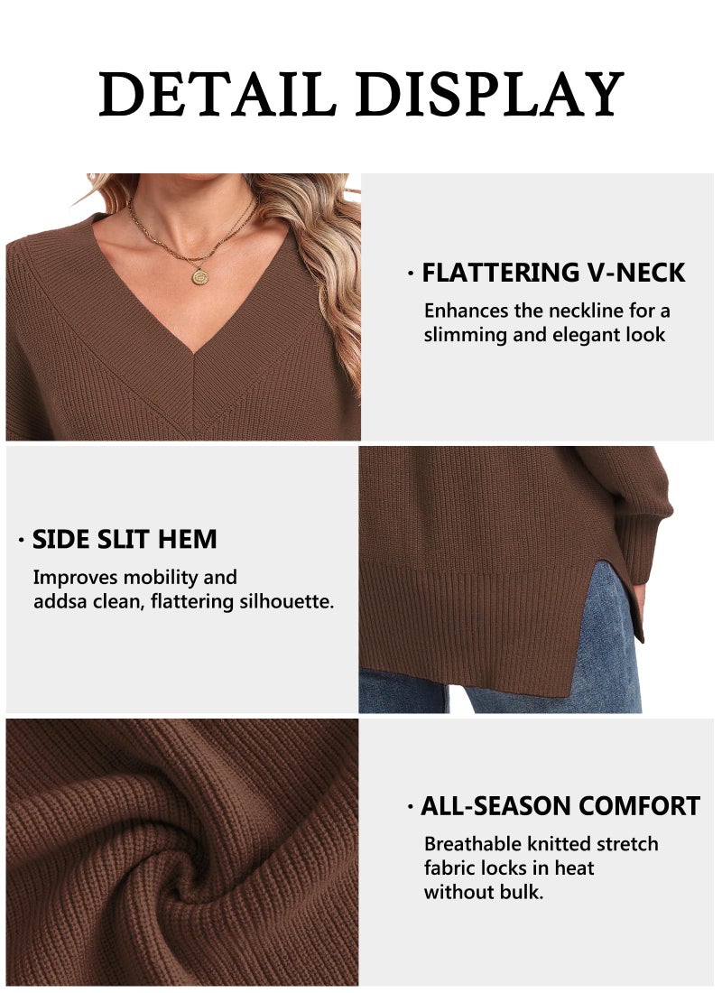 Jouica Womens Sweater V Neck Long Sleeve Cotton Sweaters for Women Fashion Pullover Tops 2026 Fall Outfits,Coffee,Large - Image 5
