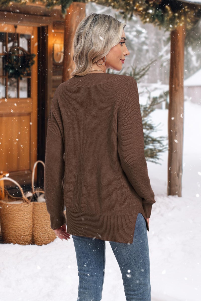 Jouica Womens Sweater V Neck Long Sleeve Cotton Sweaters for Women Fashion Pullover Tops 2026 Fall Outfits,Coffee,Large - Image 4