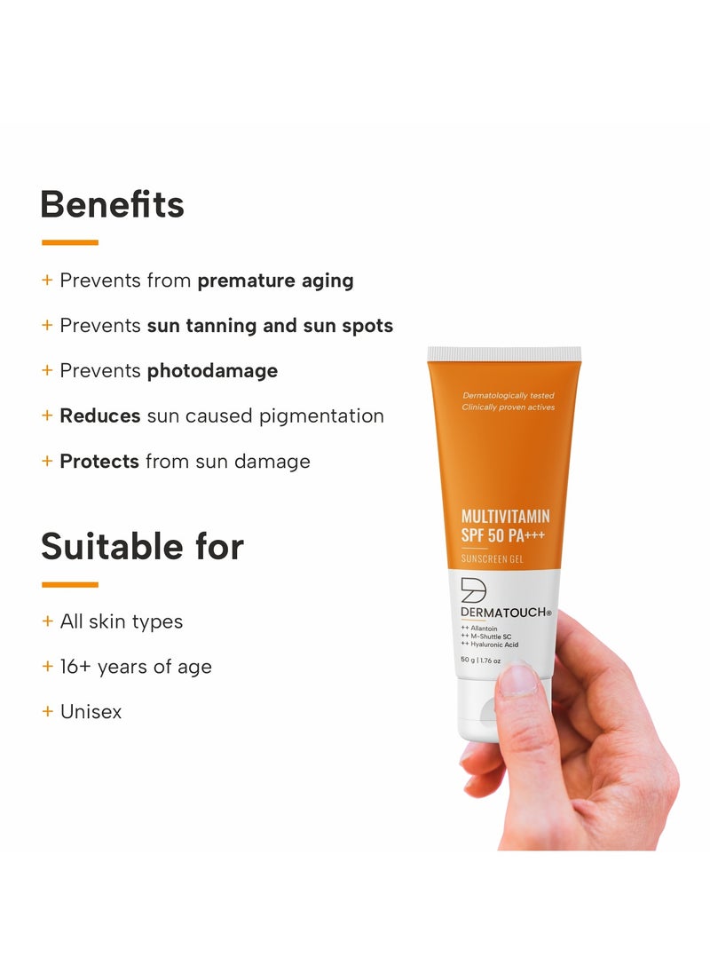 ديرماتوتش جل واقي من الشمس DERMATOUCH متعدد الفيتامينات SPF 50 PA++++ حماية من أشعة الشمس | حماية من الأشعة فوق البنفسجية UVA-UVB | صبغة بيضاء صفر | للجنسين | 50 جم  - Image 3