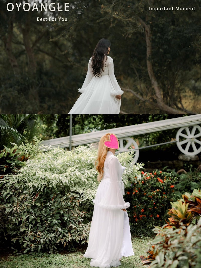 OYOANGLE Women's Ruffle Trim Long Sleeve Belted Sheer Mesh Wedding Bride Robe Nightgown White L - Image 5