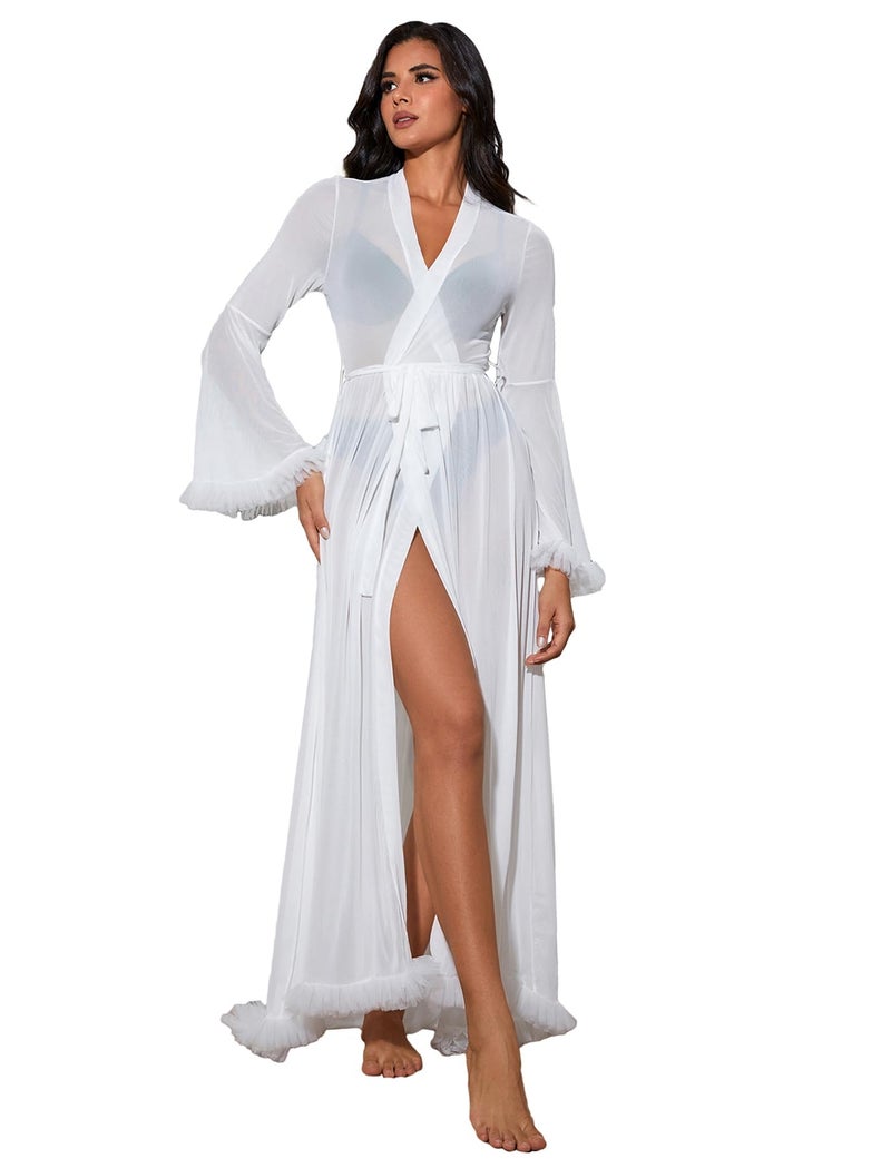 OYOANGLE Women's Ruffle Trim Long Sleeve Belted Sheer Mesh Wedding Bride Robe Nightgown White L - Image 1