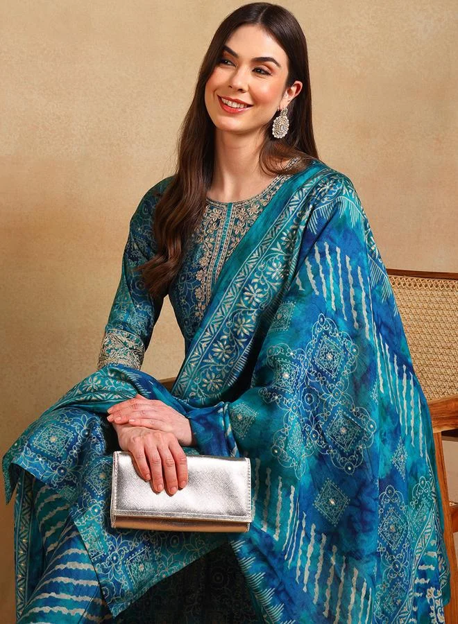 Take Two Teal Printed Kurta Set with Dupatta and Trousers By  AHIKA