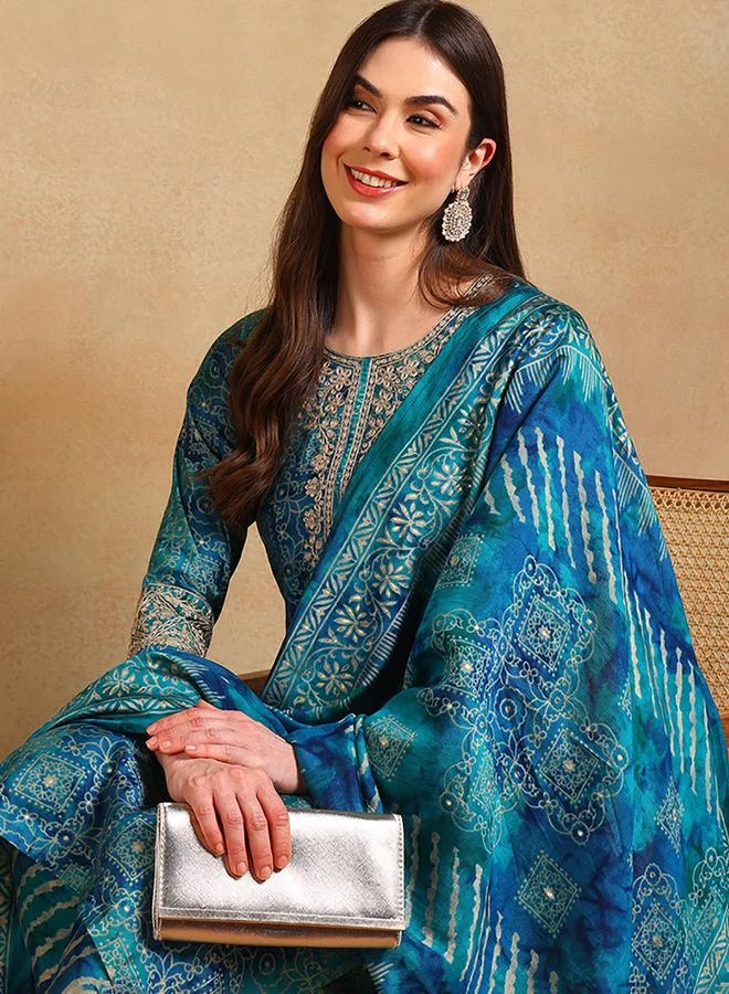 Take Two Teal Printed Kurta Set with Dupatta and Trousers By  AHIKA
