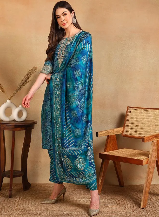 Take Two  Teal Printed Kurta Set with Dupatta and Trousers By  AHIKA for Women | Best Price UAE