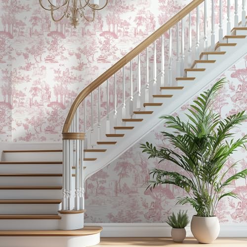 WENMER Toile Wallpaper, 17.7" X 394" Pink and White Peel and Stick Wall Paper, Toile de Jouy Wallpaper, French Vintage Contact Paper for Bedroom, Walls, Backdrop, Cabinet, Home Decor - Image 2