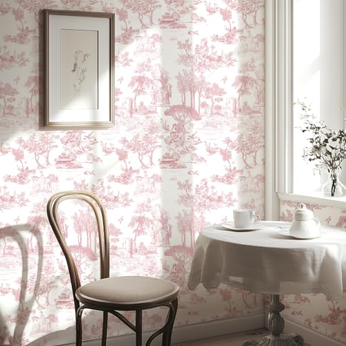 WENMER Toile Wallpaper, 17.7" X 394" Pink and White Peel and Stick Wall Paper, Toile de Jouy Wallpaper, French Vintage Contact Paper for Bedroom, Walls, Backdrop, Cabinet, Home Decor - Image 1