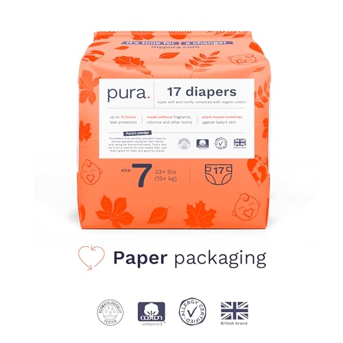 Pura Size 7 Eco-Friendly Diapers (33+lbs) Totally Chlorine Free (TCF) Hypoallergenic, Soft Organic Cotton, Sustainable, up to 12 Hours Leak Protection, Allergy UK, 3 Packs of 17 (51 Diapers) - Image 2