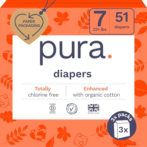 Pura Size 7 Eco-Friendly Diapers (33+lbs) Totally Chlorine Free (TCF) Hypoallergenic, Soft Organic Cotton, Sustainable, up to 12 Hours Leak Protection, Allergy UK, 3 Packs of 17 (51 Diapers) - Image 1