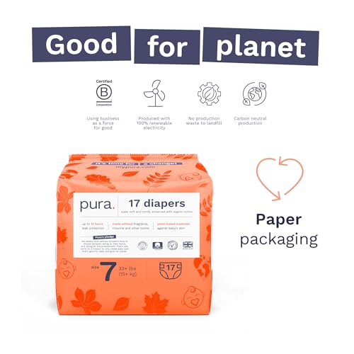 Pura Size 7 Eco-Friendly Diapers (33+lbs) Totally Chlorine Free (TCF) Hypoallergenic, Soft Organic Cotton, Sustainable, up to 12 Hours Leak Protection, Allergy UK, 3 Packs of 17 (51 Diapers) - Image 4