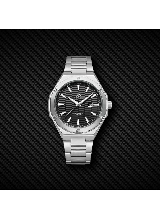 Kenneth Scott Black Men's Stainless Steel Analog Watch K23026-SBSB - 46 mm for Men | Best Price UAE