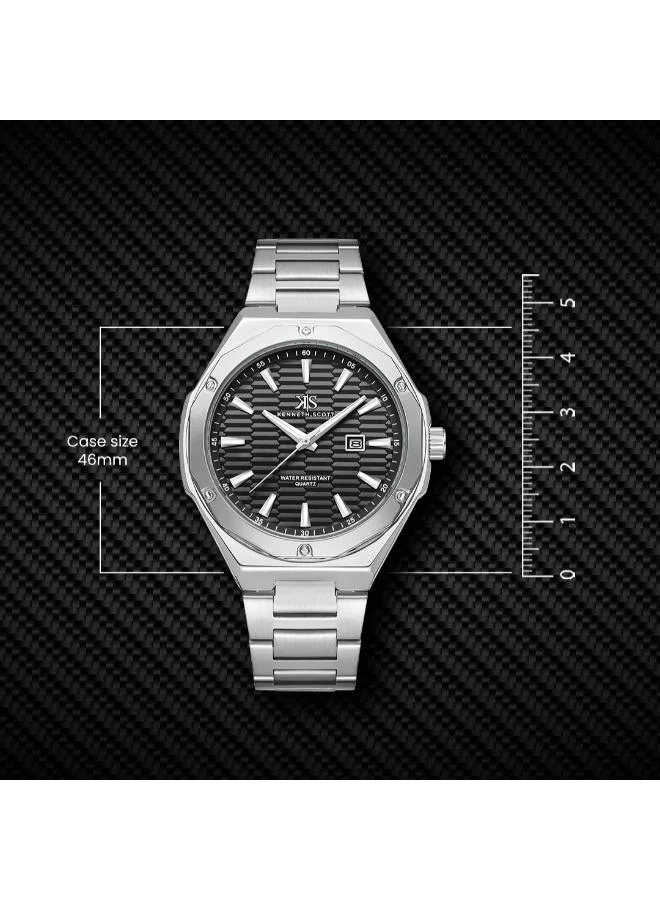 Kenneth Scott Black Men's Stainless Steel Analog Watch K23026-SBSB - 46 mm for Men | Best Price UAE