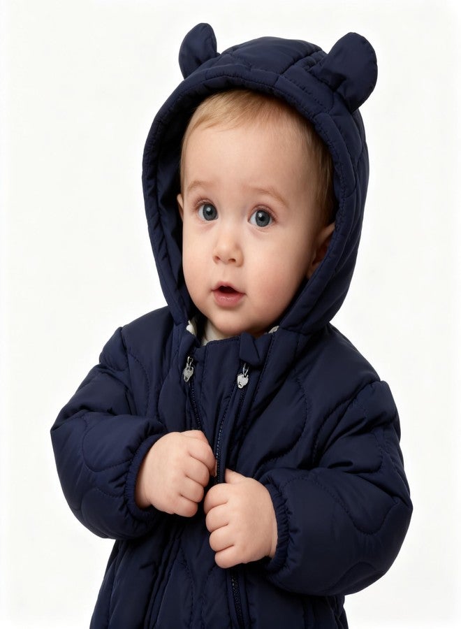 SKYTWO Baby/Toddler Quilted Puffer Jumpsuit - Winter Snowsuit with Dual Zippers, Hooded, Includes Booties (Navy Blue, 3-6M) - Image 2