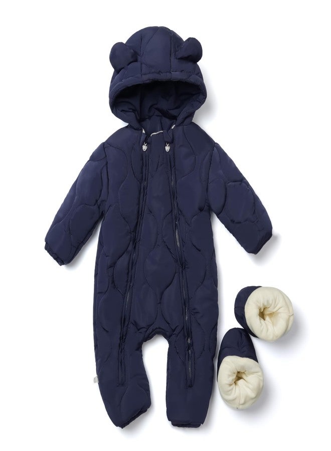 SKYTWO Baby/Toddler Quilted Puffer Jumpsuit - Winter Snowsuit with Dual Zippers, Hooded, Includes Booties (Navy Blue, 3-6M) - Image 1