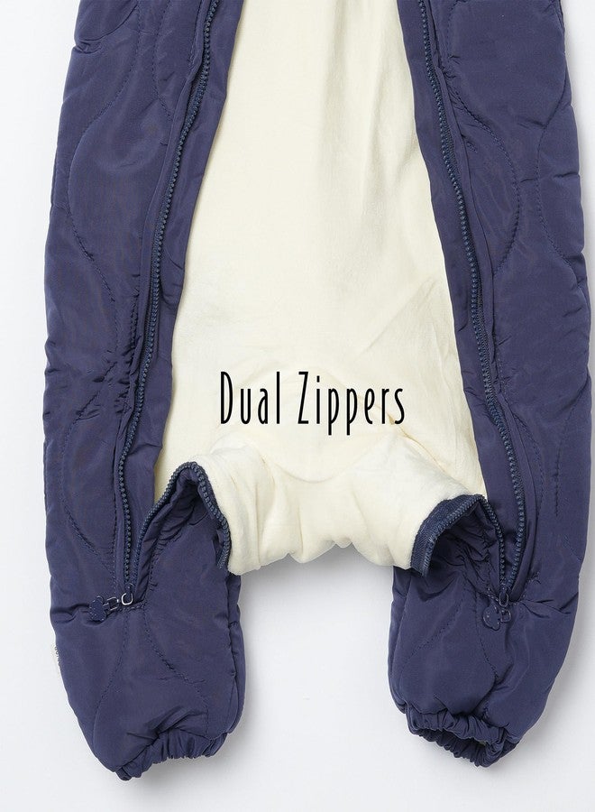 SKYTWO Baby/Toddler Quilted Puffer Jumpsuit - Winter Snowsuit with Dual Zippers, Hooded, Includes Booties (Navy Blue, 3-6M) - Image 4