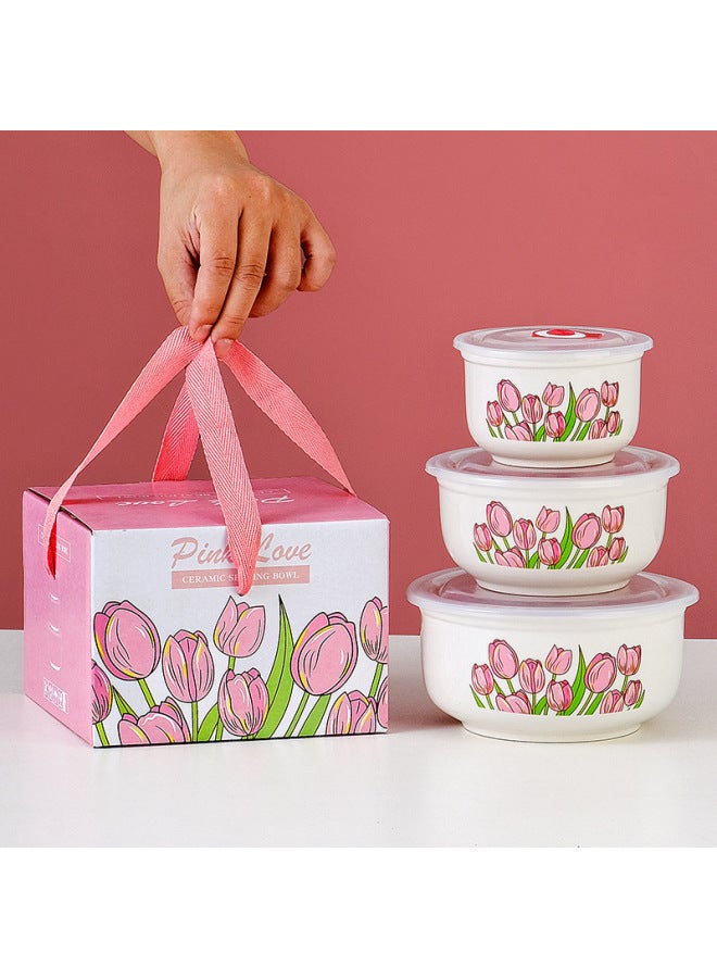 Ceramic Fresh-keeping Bowl, Tulip Three-piece Set, Business Annual Meeting Lottery Small Gift, Sealed Instant Noodle Bowl With Lid, Souvenir