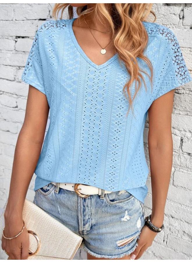 Song Feng Ya New Summer European And American Women's Clothing Women's Solid Color V-neck Top Hollow Mesh Embroidered Lace Casual T 