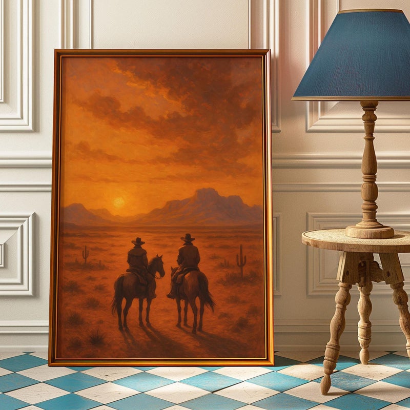 TNESSENTIAL Vintage Western Sunset Print: Cowboy Horseback Riders, Wild West Decor - Image 1
