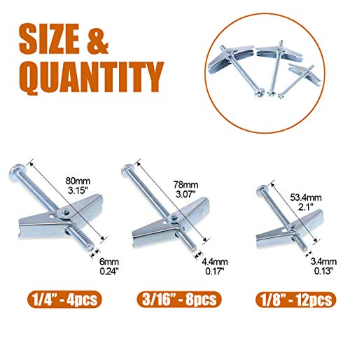ISPINNER 24pcs Toggle Bolt and Wing Nut Assortment Kit for Drywall Hanging Heavy Items 1/8" 3/16" 1/4" - Image 2