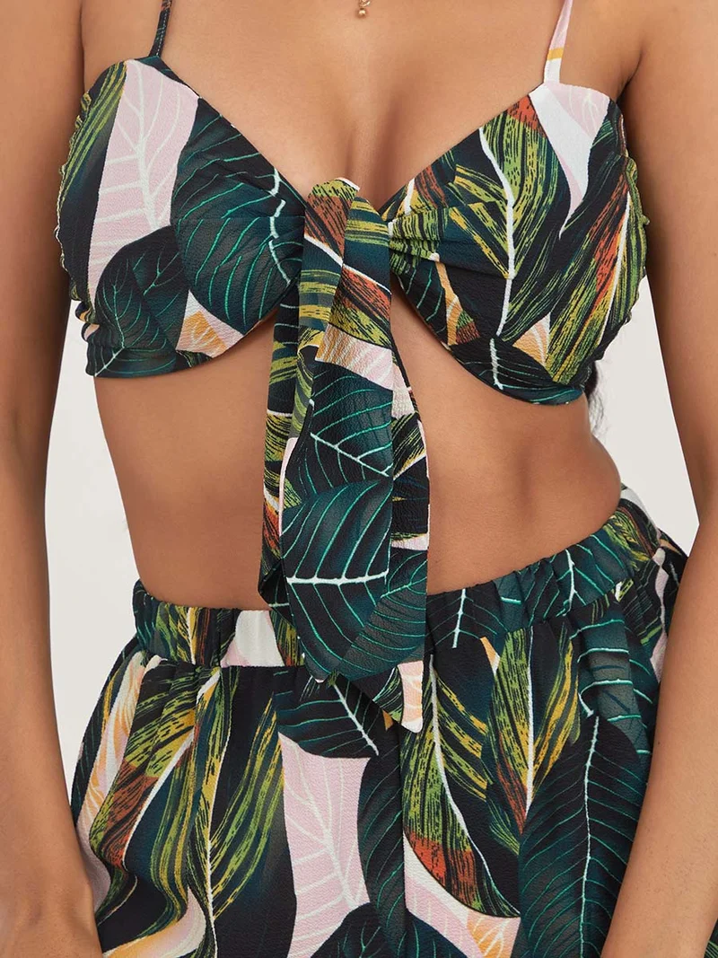 Styli Leaf Print Strappy Bow Crop Top and High Waist Floaty Shorts
