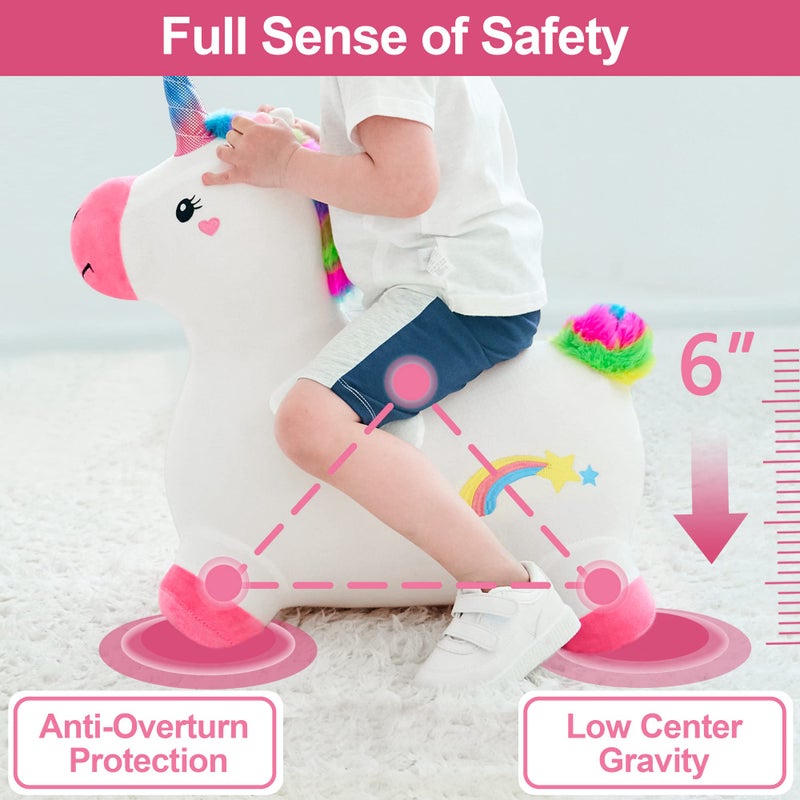 iPlay, iLearn Bouncy Pals Hopping Unicorn Horse, Toddler Girl Inflatable Bouncing Animal Hopper Toy, Outdoor Indoor Plush Ride on Bouncer, Baby Birthday Gift 18 Month 2 3 4 Year Old Kid - Unicorn - Image 4