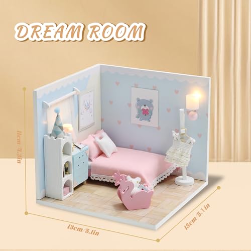 Kisoy Dollhouse Miniature with Furniture Kit DIY 3D Wooden DIY House Kit A Corner of a Small Apartment Style with Dust Cover LEDHandmade Tiny House Toys for Kids Adults Gift Dream Room - Image 5