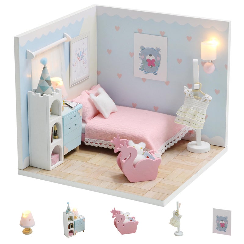Kisoy Dollhouse Miniature with Furniture Kit DIY 3D Wooden DIY House Kit A Corner of a Small Apartment Style with Dust Cover LEDHandmade Tiny House Toys for Kids Adults Gift Dream Room - Image 3