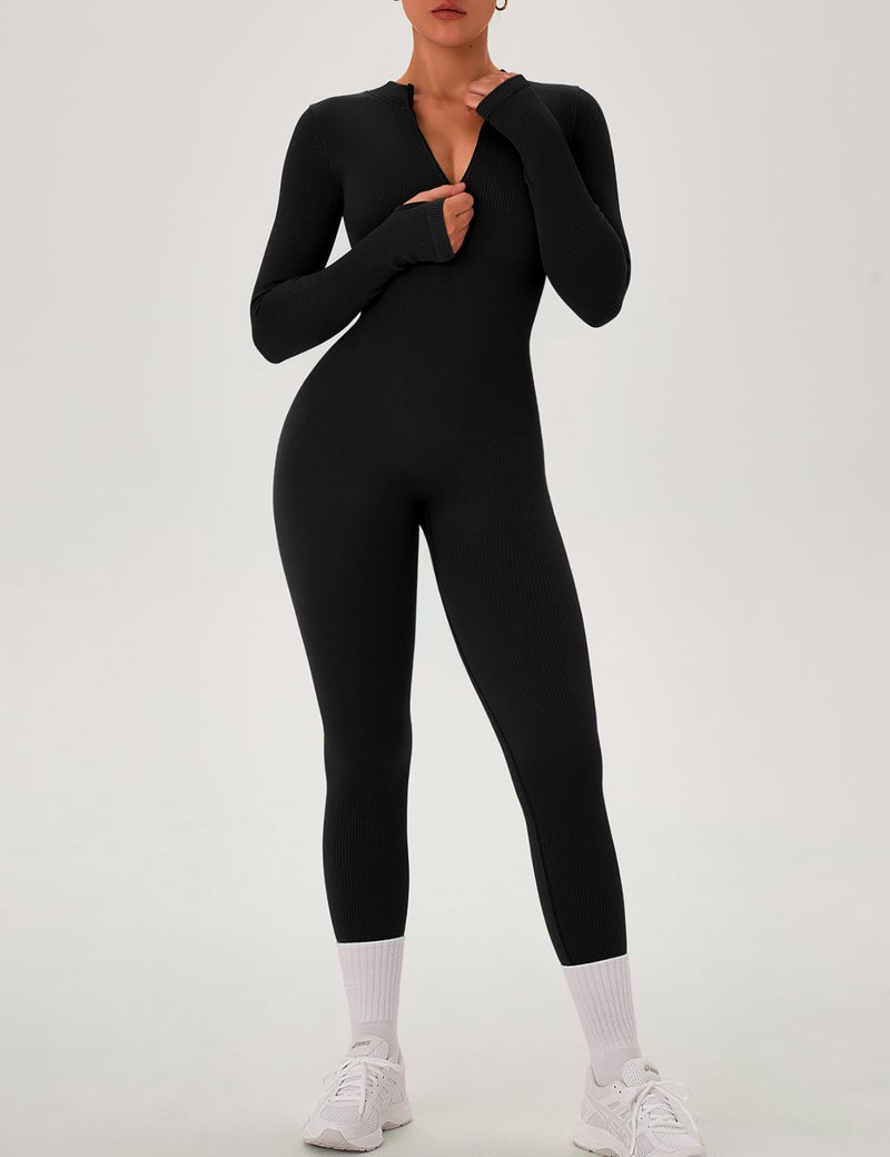 OLCHEE Womens Long Sleeve Workout Jumpsuit Seamless Ribbed Tummy Control Yoga Bodycon Zip Up One Piece Unitard Sculpt Rompers - Black Small - Image 3
