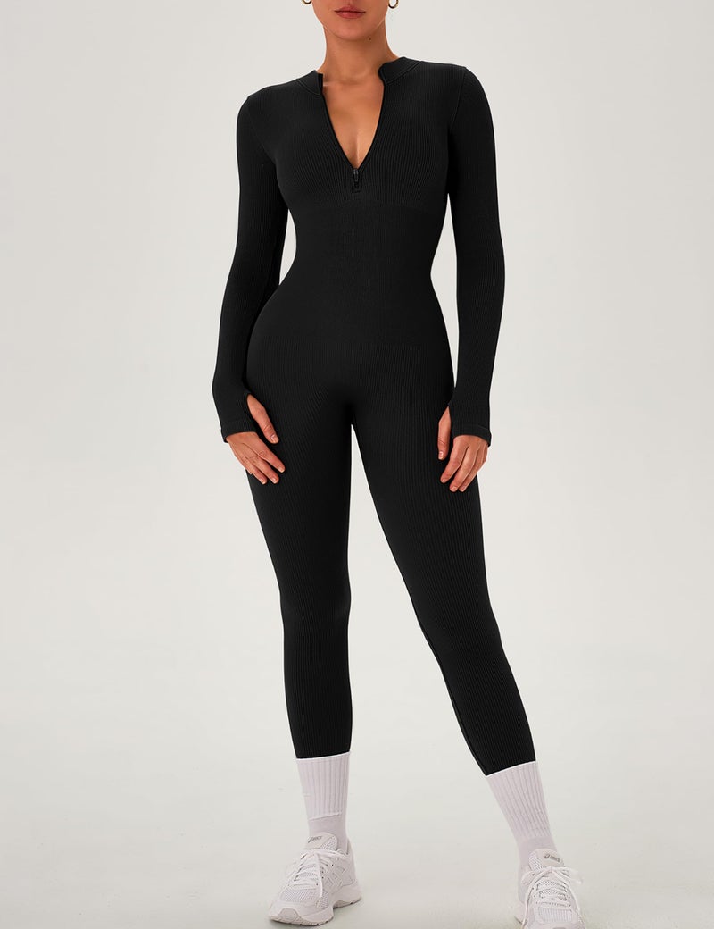 OLCHEE Womens Long Sleeve Workout Jumpsuit Seamless Ribbed Tummy Control Yoga Bodycon Zip Up One Piece Unitard Sculpt Rompers - Black Small - Image 2