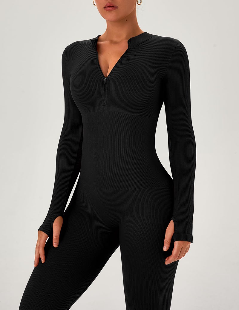 OLCHEE Womens Long Sleeve Workout Jumpsuit Seamless Ribbed Tummy Control Yoga Bodycon Zip Up One Piece Unitard Sculpt Rompers - Black Small - Image 5