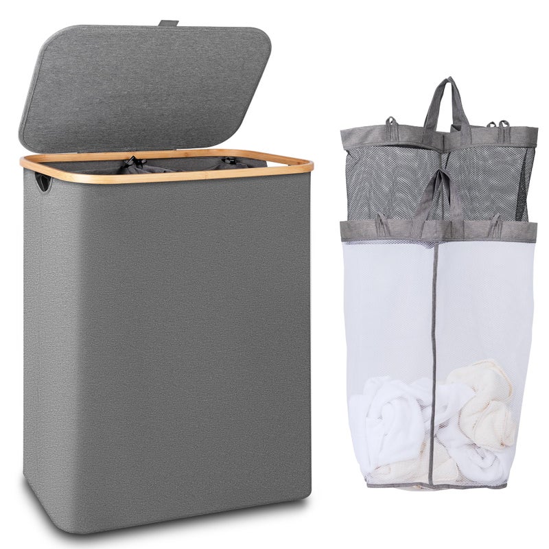 iEGrow 150L Laundry Hamper with LidLarge Laundry Basket with Bamboo Handles Grey Hampers for Laundry Dirty Clothes Hamper with 2 Removable Inner Bags for Clothes Toys Towels
