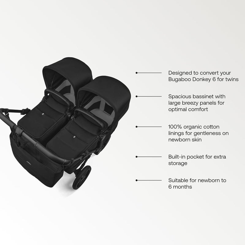 Bugaboo Donkey 6 Twin Bassinet Fabric - Complete Set for Side-by-Side Double Stroller Conversion - Organic Cotton Lining - Heritage Black - Image 2