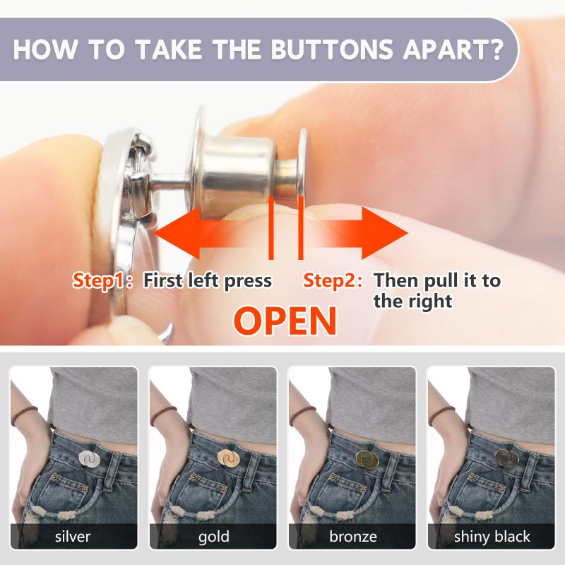 ROPAKED 12 Set Pant Waist Tightener Adjustable Buttons Pins for Loose Jeans Waist Cincher Clip Reusable Metal Brooch for Clothing Dresses Skirts No Sew and No Tools Decoration Accessories - Image 3