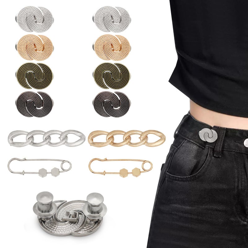 ROPAKED 12 Set Pant Waist Tightener Adjustable Buttons Pins for Loose Jeans Waist Cincher Clip Reusable Metal Brooch for Clothing Dresses Skirts No Sew and No Tools Decoration Accessories - Image 1