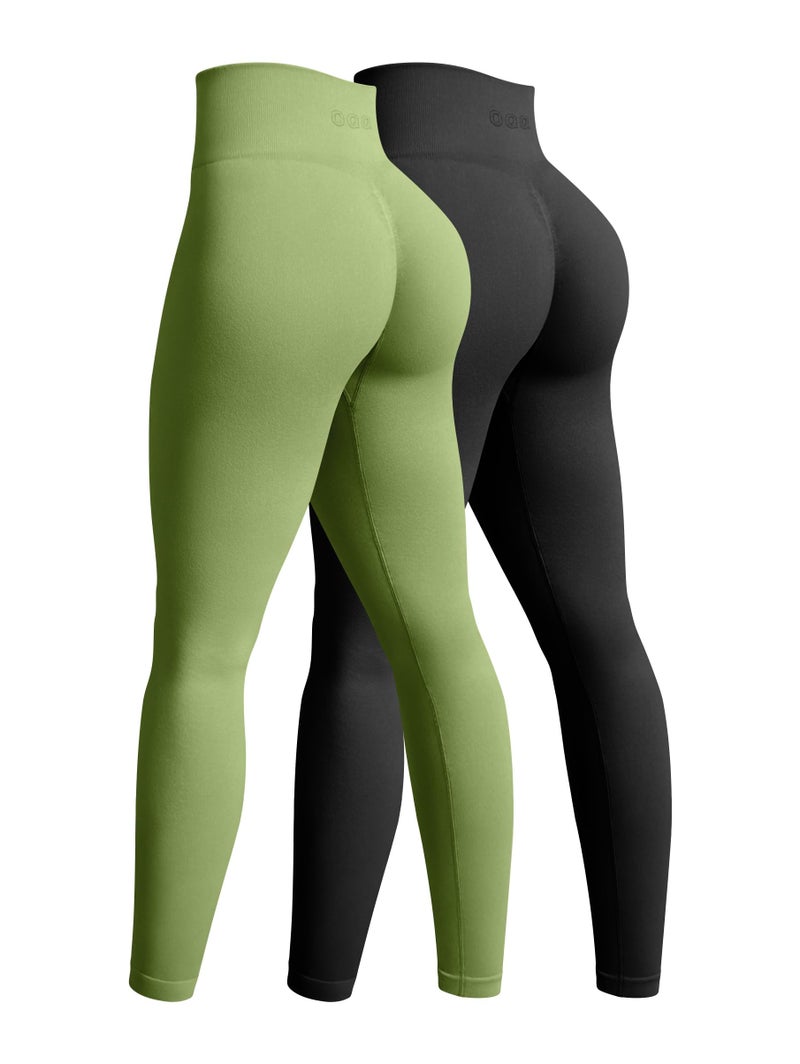 OQQ Women's 2 Piece Yoga Legging Seamless Workout High Waist Butt Liftings Athletic Leggings Black Avocado Green - Image 1