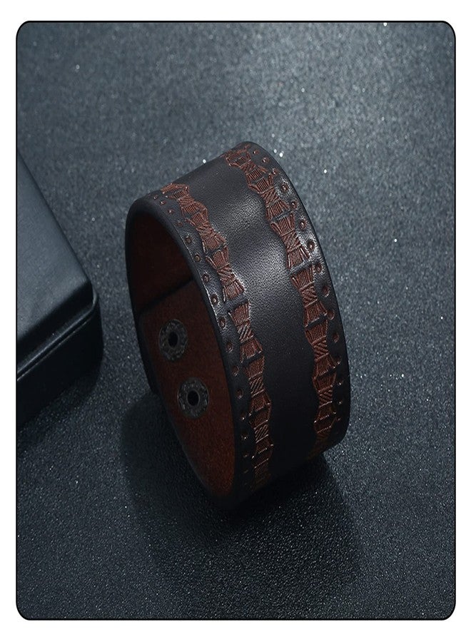 Fusamk Punk Rock Print Pattern Wristband Wide Leather Cuff Bracelet (3_Brown_Leather) - Image 3