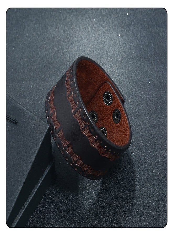 Fusamk Punk Rock Print Pattern Wristband Wide Leather Cuff Bracelet (3_Brown_Leather) - Image 4