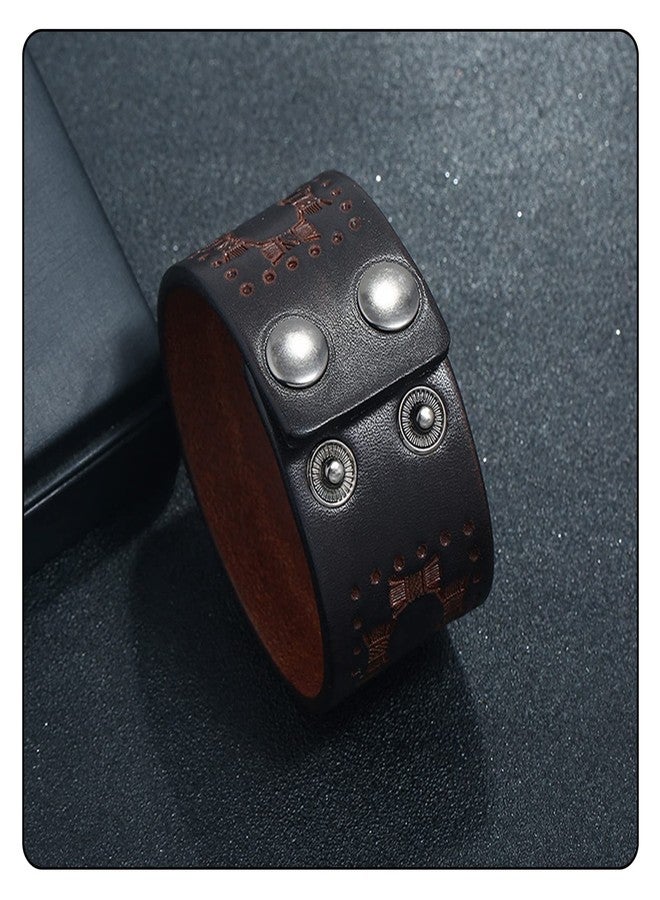 Fusamk Punk Rock Print Pattern Wristband Wide Leather Cuff Bracelet (3_Brown_Leather) - Image 2