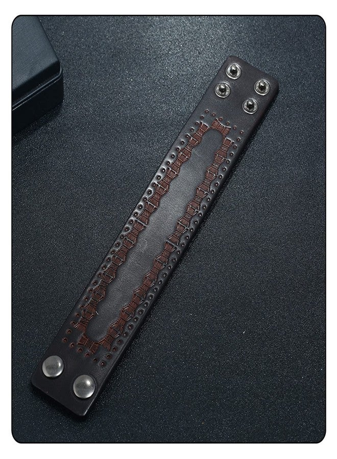 Fusamk Punk Rock Print Pattern Wristband Wide Leather Cuff Bracelet (3_Brown_Leather) - Image 5