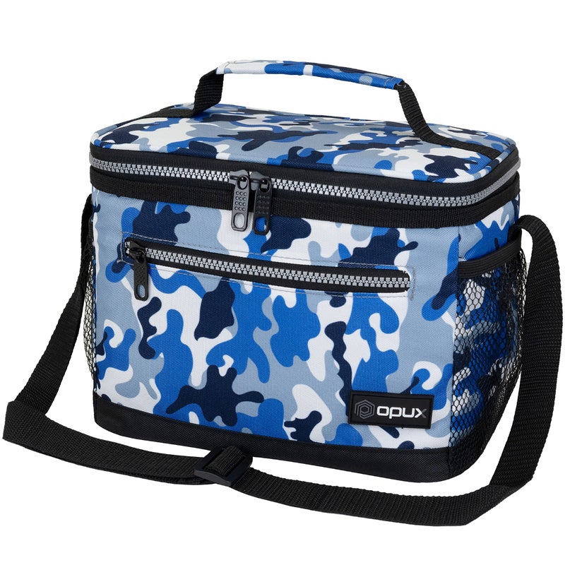 opux Insulated Lunch Box Men Women Lunch Bag for Work School Leakproof Soft Cooler Tote Adult Large Lunch Pail Kids Boys Girls Picnic Beach Food Bag with Shoulder Strap Camo Blue