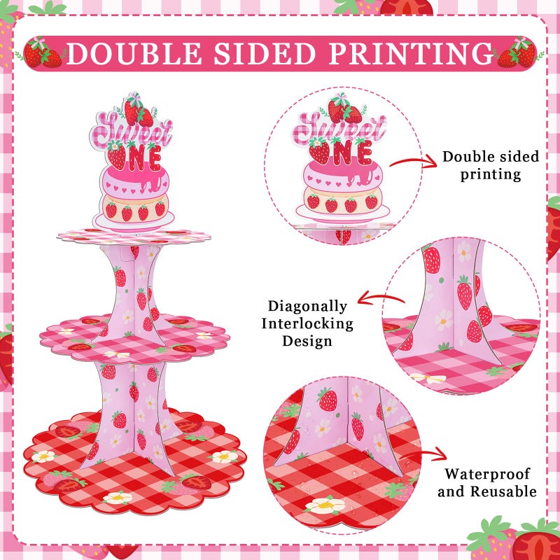 VorkiVecKi Strawberry Cupcake Stand Decorations - Berry First Birthday Table Decor 3 Tier Cake Dessert Paper Tower Pastry Holder Shortcake Tiered Topper for Baby Girl Sweet One Year Old Party Supplies - Image 3