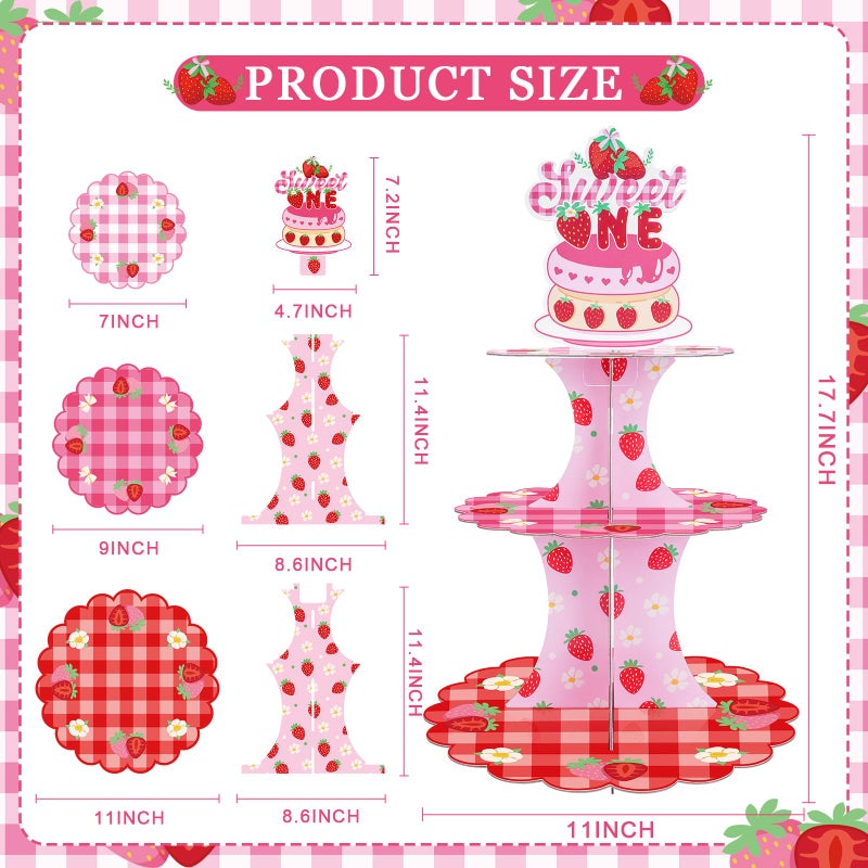 VorkiVecKi Strawberry Cupcake Stand Decorations - Berry First Birthday Table Decor 3 Tier Cake Dessert Paper Tower Pastry Holder Shortcake Tiered Topper for Baby Girl Sweet One Year Old Party Supplies - Image 2