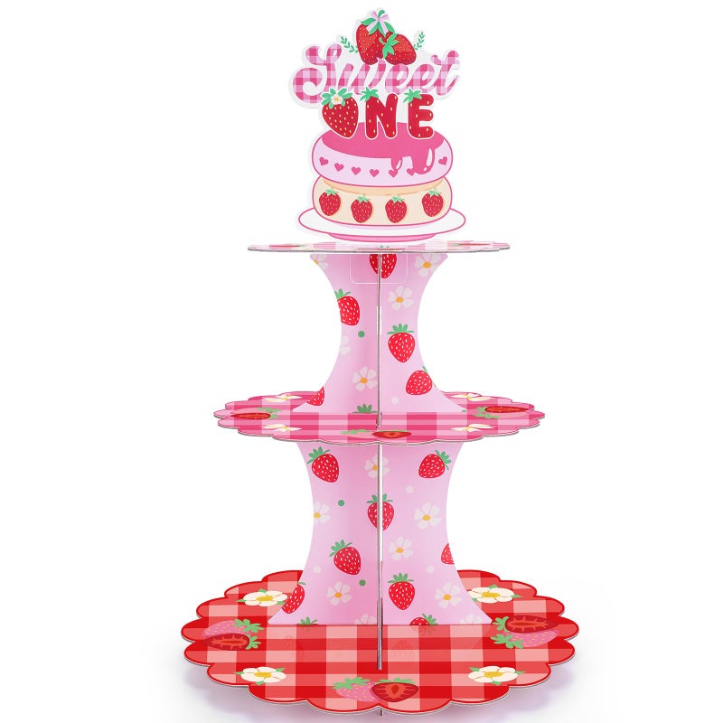 VorkiVecKi Strawberry Cupcake Stand Decorations - Berry First Birthday Table Decor 3 Tier Cake Dessert Paper Tower Pastry Holder Shortcake Tiered Topper for Baby Girl Sweet One Year Old Party Supplies - Image 1