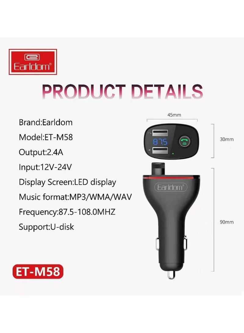 Earldom BLUETOOTH 4.2 HANDSFREE CALLING FM TRANSMITTER DIGITAL MONITOR DUAL USB CAR CHARGER - Image 2