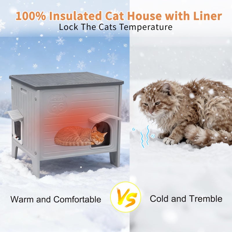 Rockever 100% Insulated Outdoor Cat House with Insulated Liner for Winter, Waterproof Feral Cat House for Outdoor Cats, Plastic Cat House for Outdoor Use with Escape Door, Clean Easily(L,Grey&Liner) - Image 2